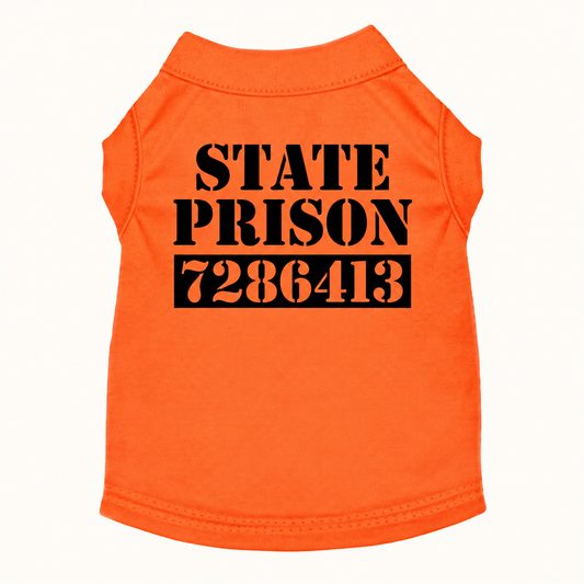 Orange inmate dog shirt with black print on a cream background