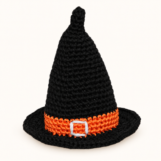 Halloween Witch Hat Crocheted Knit Knack Pet Toy on a cream background